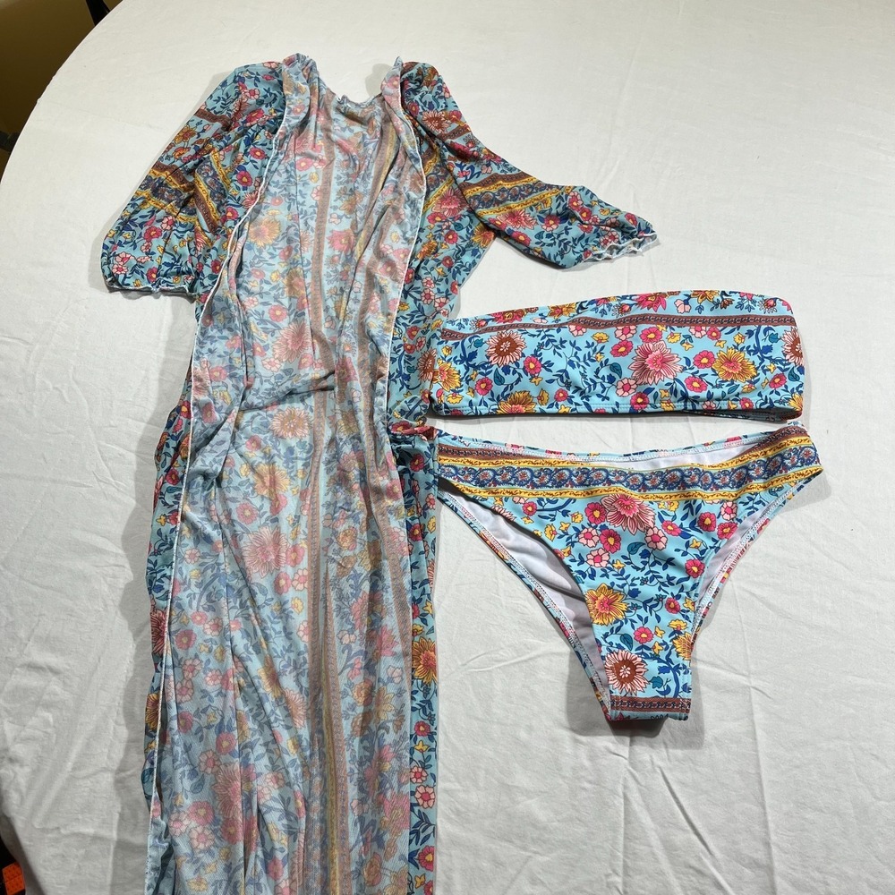 Womens 3 Piece Bikini Set with Kimono Duster Cover Up Swimwear Size M